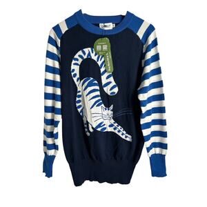 OXknit Women’s Size Large 100% Cotton Stretching Cat Crew Neck Sweater